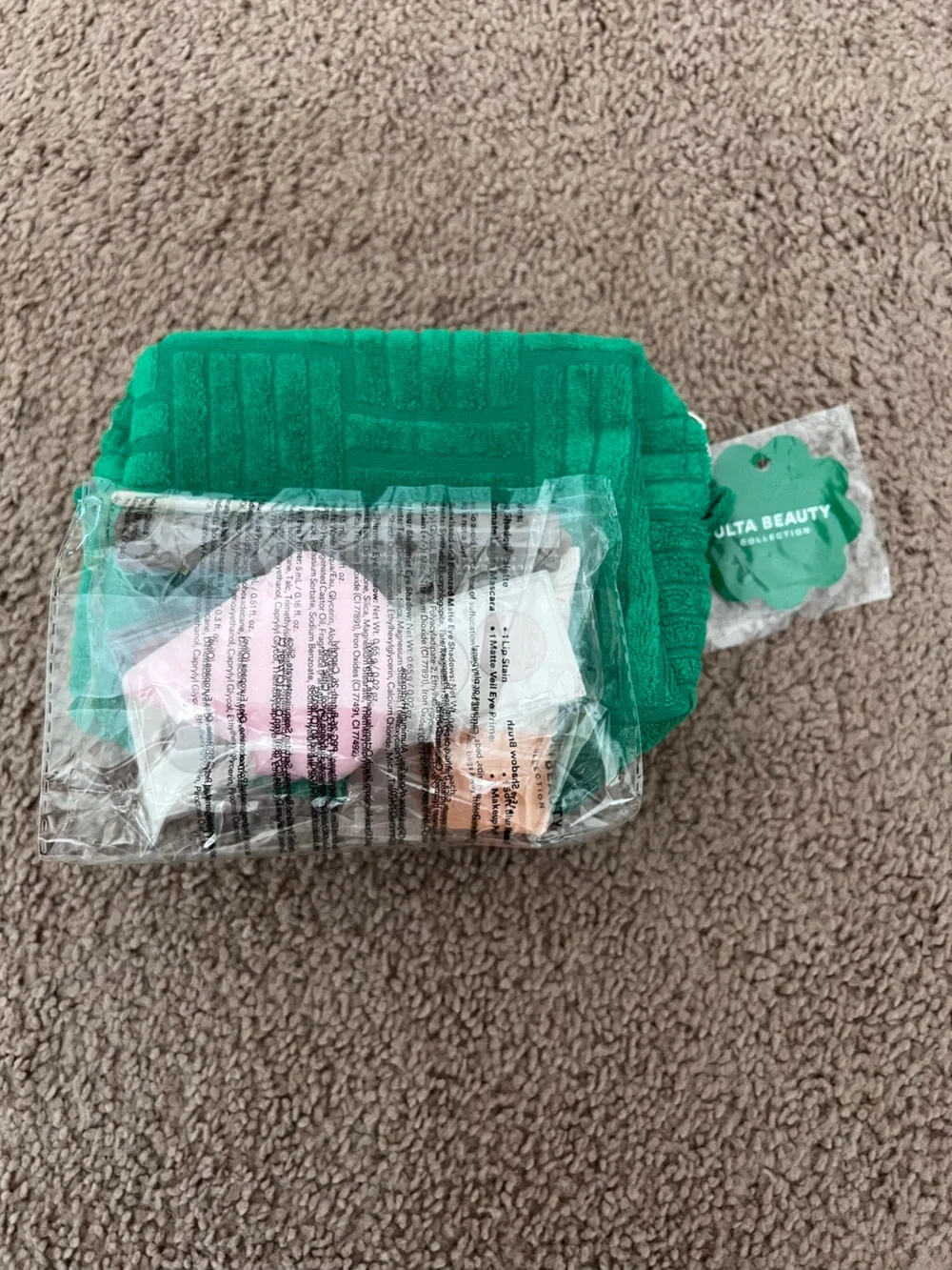 ULTA Beauty Makeup Set with Pink Sponge & Neutral Eyeshadow Palette green bag